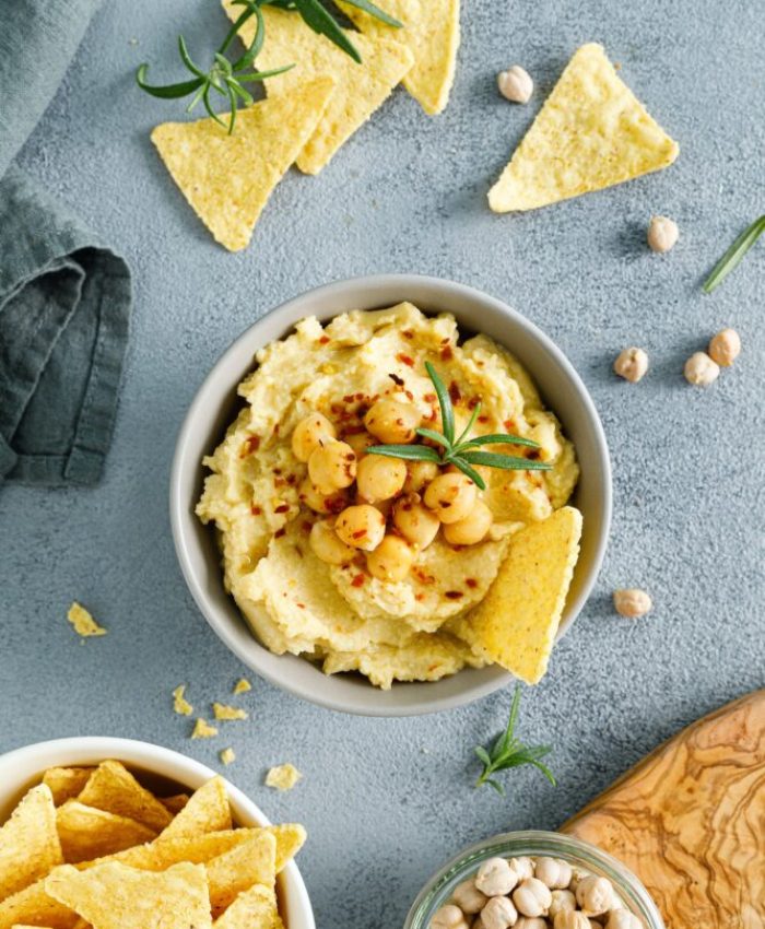 Homemade chickpea hummus with chips